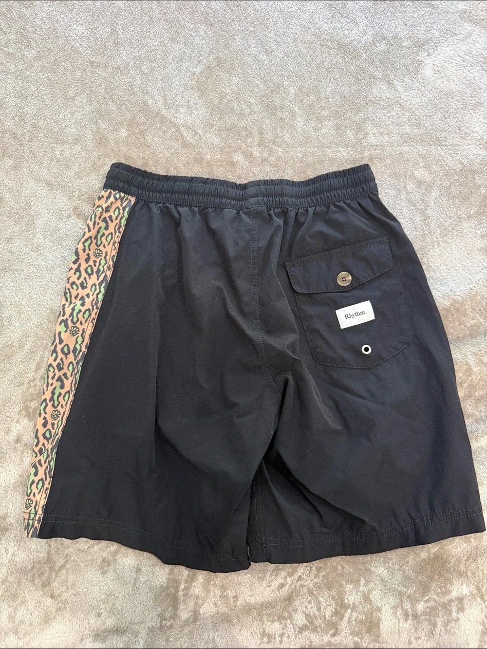 NWOT Rhythm Black Swim Shorts with Leopard-Print Side Panels size 30